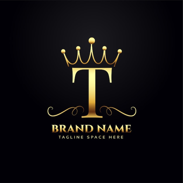 Vettore gratuito concetto di logo della lettera t con corona d'oro