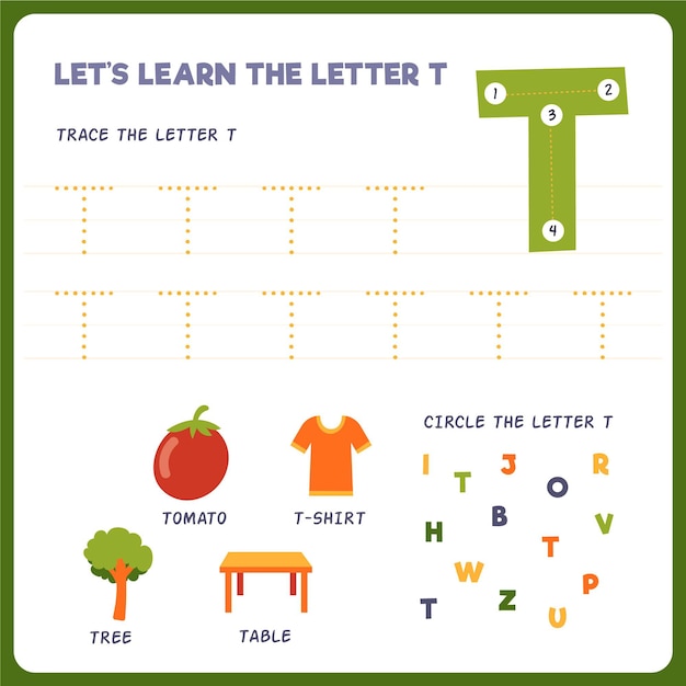 Free vector letter t worksheet for kids