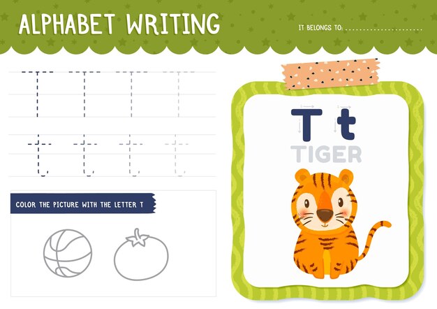 Letter t worksheet with tiger