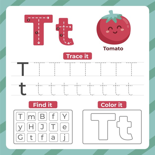 Letter t worksheet with tomato