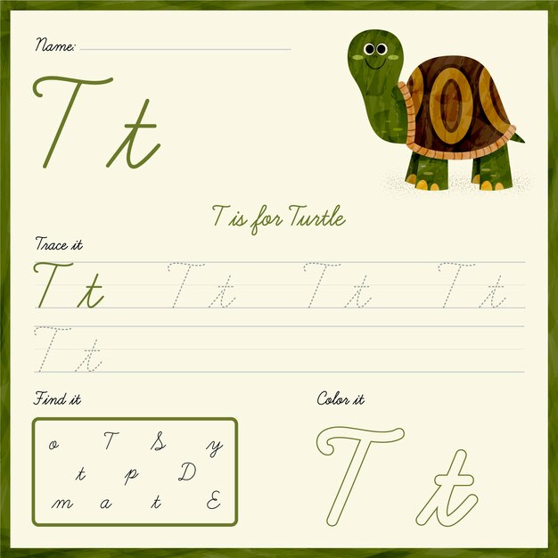 Letter t worksheet with turtle