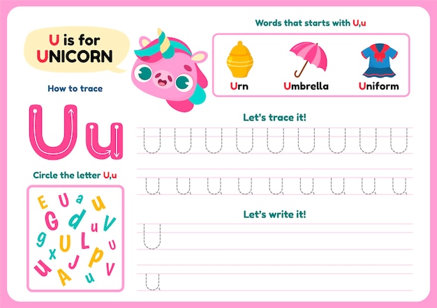 Free vector letter u worksheet with different items