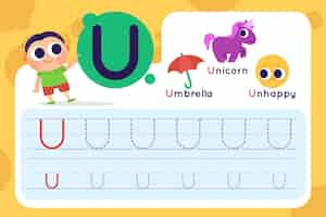 Free vector letter u worksheet with umbrella and unicorn