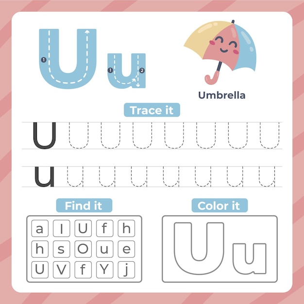 Free vector letter u worksheet with umbrella