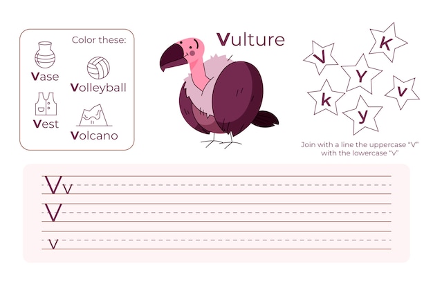 Free vector letter v worksheet with vulture