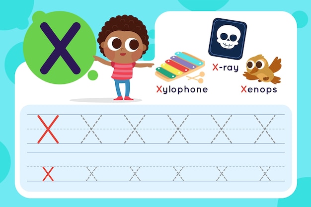 Letter x worksheet with xylophone and x-ray