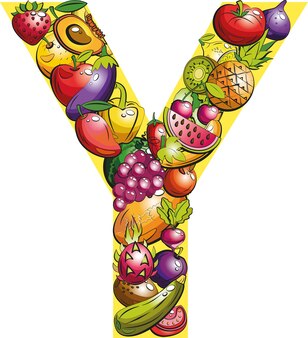 手紙y.フルーツの手紙。アルファベットの文字に着色された果物と野菜のコラージュ