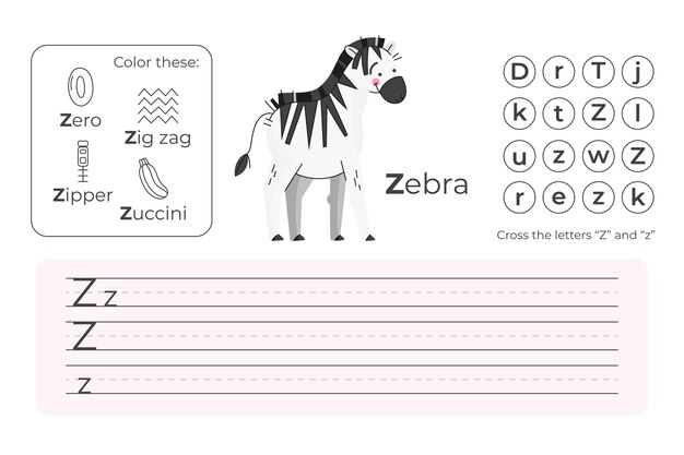 Letter z worksheet with zebra