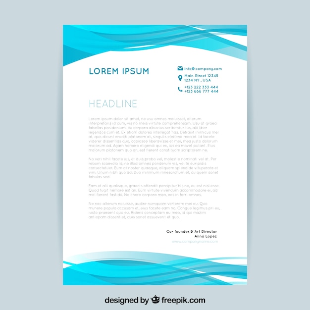 Letterhead in blue waves abstract design