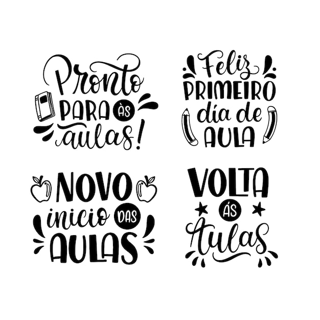 Free vector lettering back to school in portuguese stickers collection