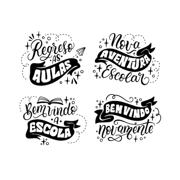 Free vector lettering back to school in portuguese stickers collection