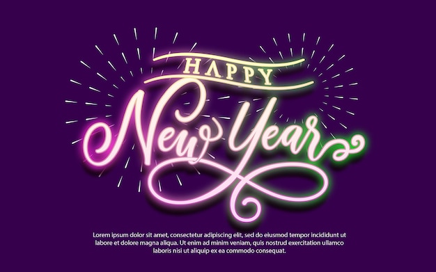 Lettering of happy new year in neon effect template design