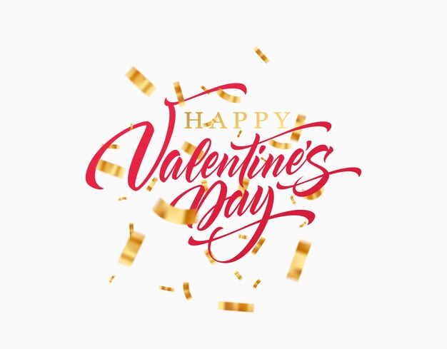 Надпись "С Днем Святого Валентина" с золотыми блестящими конфетти на белом фоне. Векторная иллюстрация EPS10