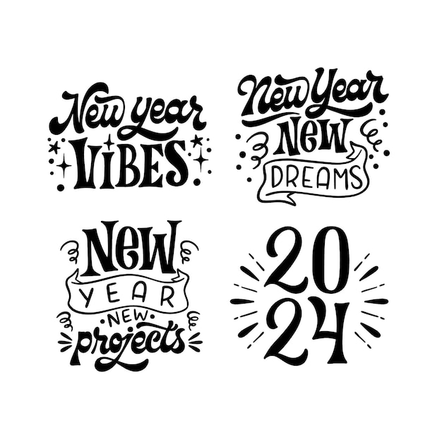 Lettering new year 2024 stickers collection