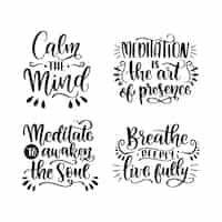 Free vector lettering yoga and mindfulness stickers collection