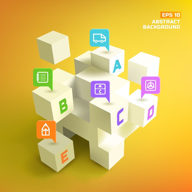 Letters at 3d white cubes and colorful business pointers in abstract background