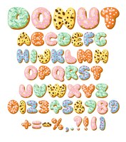 Letters and numbers in donut font vector illustrations set. designs of alphabet letters and numbers from chocolate donuts or cookies with icing. food, dessert, typography concept for bakery or cafe