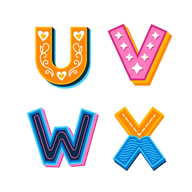 Free vector letters u, v, w and x