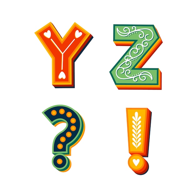 문자 y 및 z, 느낌표 및 물음표
