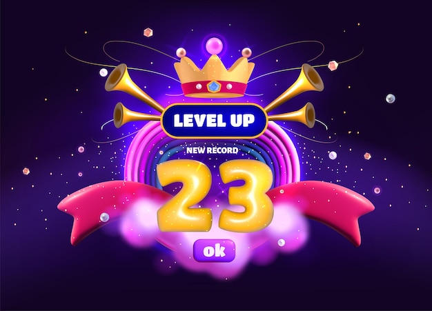 Level up game pop up banner with crown ribbons and trumpets