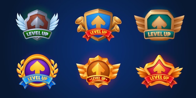 Free vector level up game reward banner with ribbon and sign cartoon vector illustration set of various award and congratulation gui badges for win and move on next stage concept gamer winner prize and trophy