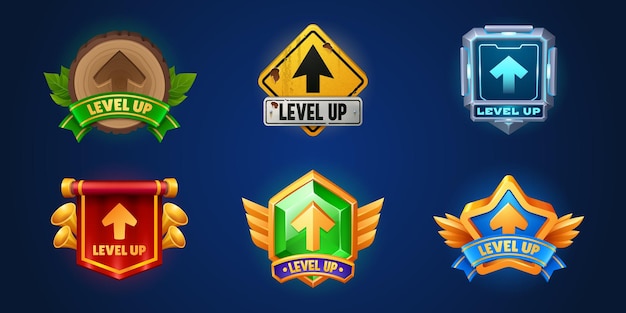 Free vector level up ui badge icon vector reward button design award medal for casino bonus futuristic hud grunge and royal achievement interface sign with arrow for app golden victory label illustration