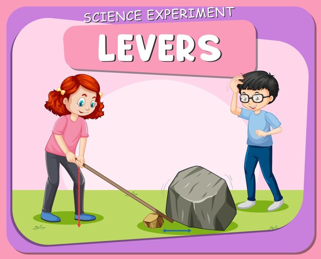 Плакат с научным экспериментом рычагов с детским персонажем