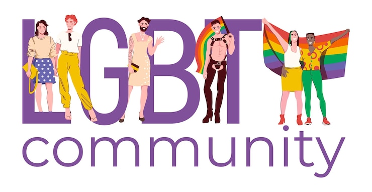 Free Vector lgbt community people composition with flat text and doodle style human characters with rainbow colored flags vector illustration