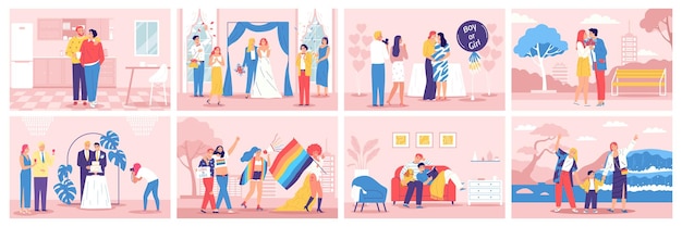 Lgbt composition set vector scenes from the lives of homosexual couples of women and men illustration