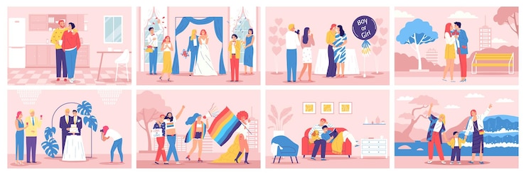 무료 Vector lgbt 구성은 여성과 남성의 동성애 커플의 삶에서 벡터 장면을 설정합니다.