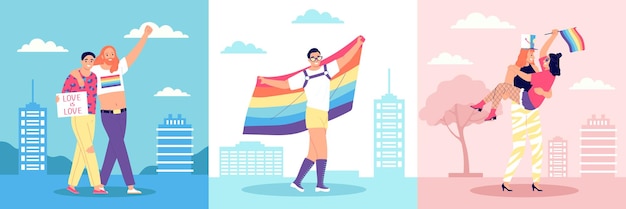 Concetto di design lgbt con attivisti gay e lesbiche felici che camminano lungo la strada della città con l'illustrazione vettoriale isolata bandiera arcobaleno