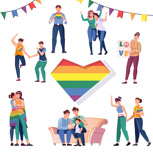 Lgbt flat icons set of people characters and rainbow heart image in center vector illustration isolated