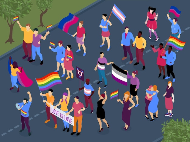 Vista isometrica della parata lgbt con lesbiche gay transgender coppie bisessuali che abbracciano camminando sventolando bandiere arcobaleno illustrazione vettoriale