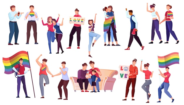 Free vector lgbt people flat set of adult characters at home and participating in pride parade outdoors isolated vector illustration