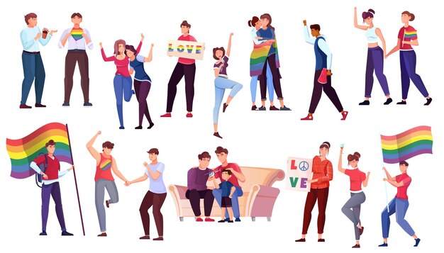 Lgbt people flat set of adult characters at home and participating in pride parade outdoors isolated vector illustration