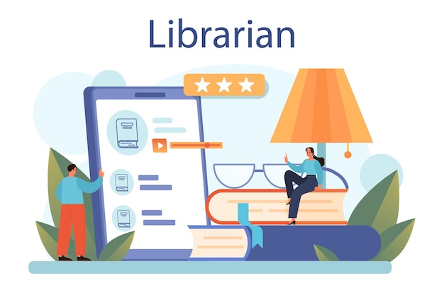 Librarian concept Library staff cataloguing and sorting books Knowledge and education idea Llibrary bookshelves guid Isolated vector illustration