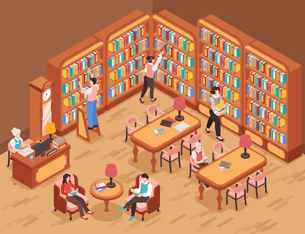 Free vector library background with books and reading symbols isometric vector illustration