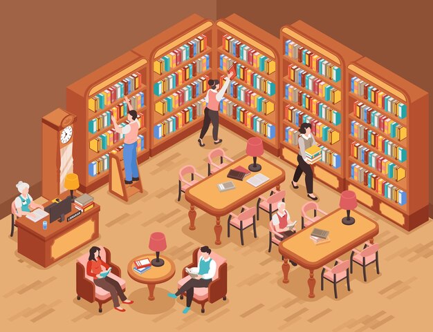 Библиотечный фон с книгами и символами чтения изометрическая векторная иллюстрация
