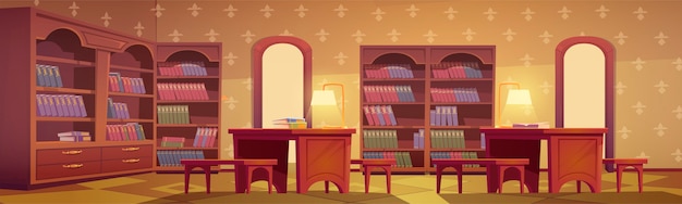 Free vector library interior, empty room for reading with various books collection on wooden bookcase shelves