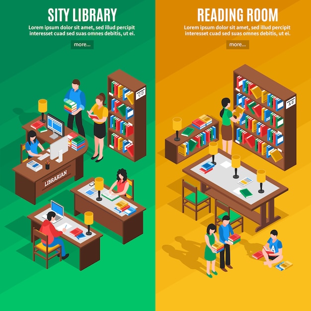 Library isometric vertical banners
