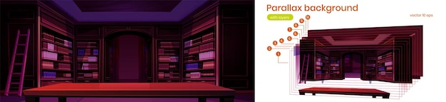 Free vector library room with bookshelf interior animation vector background parallax night school or university archive with ladder classic reading and education public indoor design illustration with layers