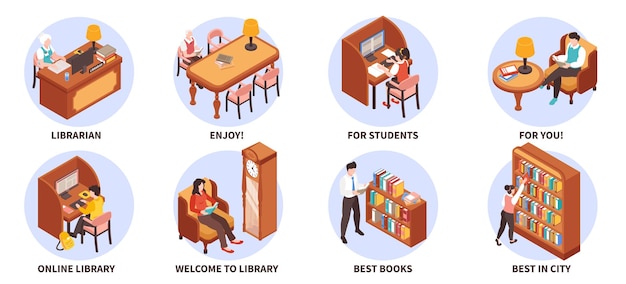 Free vector library round set with best books symbols isometric isolated vector illustration