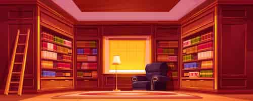 Free vector library with bookcases, ladder, chair and lamp.