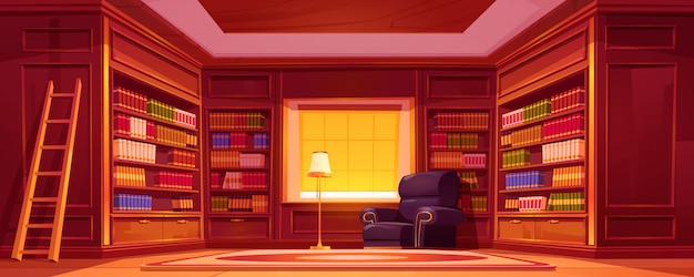 책장, 사다리, 의자 및 램프가있는 도서관.