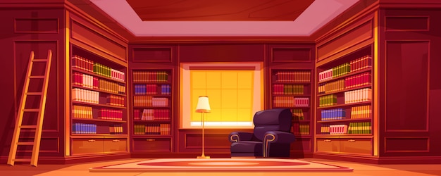 Library with bookcases, ladder, chair and lamp.