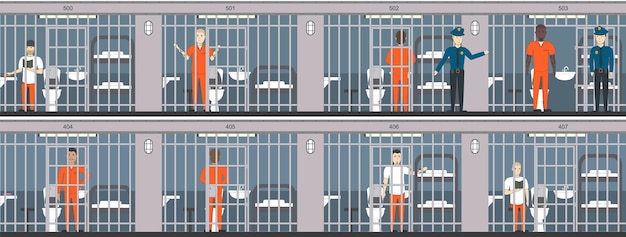 刑務所での生活は、囚人をバーの後ろに置きました警察はオレンジ色の制服を着た屋内の人々