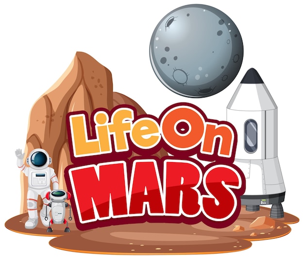 Жизнь на марсе марс слово дизайн логотипа с космонавтом и планетой