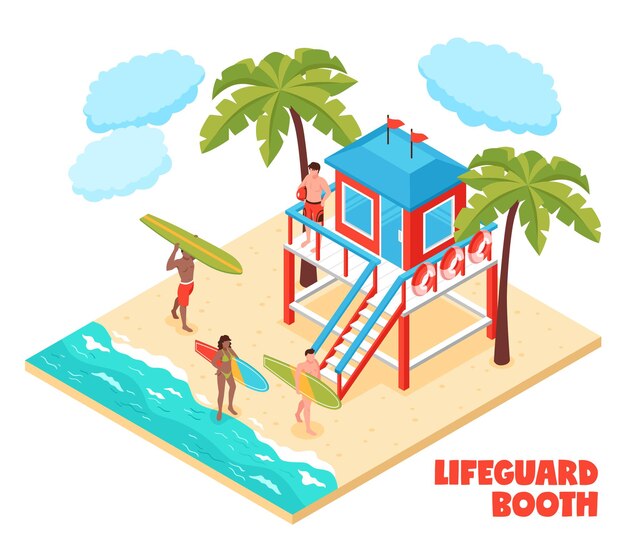 Lifeguard booth on south beach isometric composition with saver and surfers holding surfboards