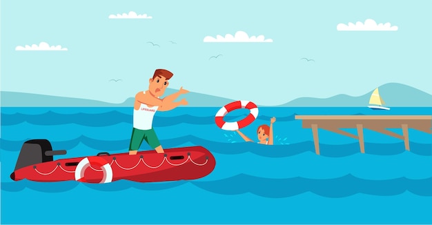 Бесплатное векторное изображение Спасатель спасает ребенка-спасателя на лодке надувным спасательным кругом героям мультфильмов о пловцах