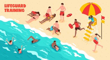 Free vector lifeguard training horizontal  showing watching people who swim and saving drowning in water and on beach